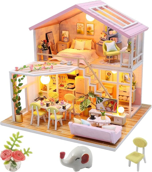 DIY Miniature Dollhouse Kit, AngKng Lovely Tiny House Kit with Furniture and LED Light, Wooden Mini House Making Kit for Adults & Children, Home Decor Creative Gift for Family/Friends-Pink