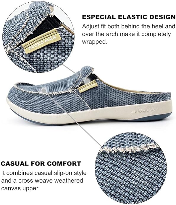 Mens Slippers with Arch Support, Canvas House Slipper for Men with Velvet Lining, Slip On Clog, Indoor Outdoor House Shoes with Anti-Skid Rubber Sole