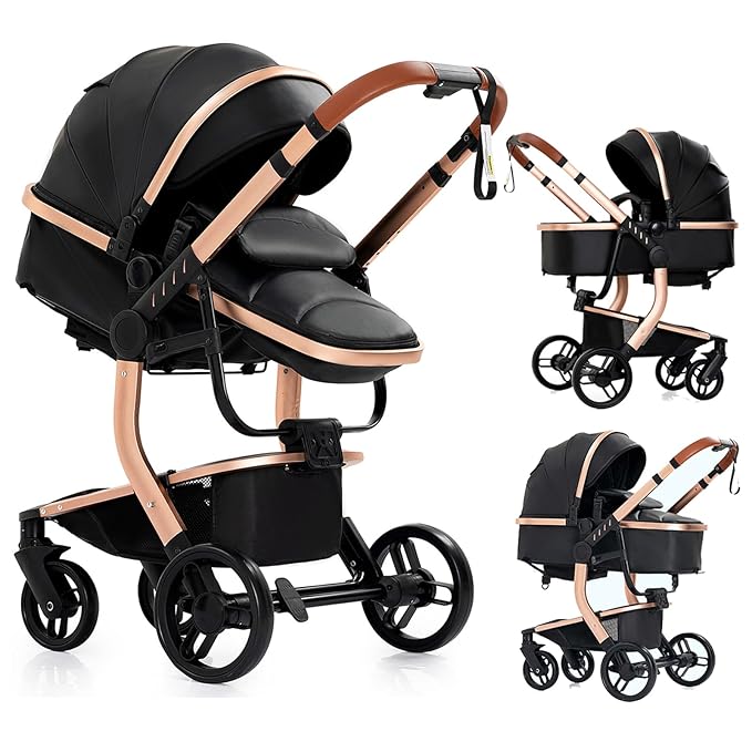 PU Leather 2 in 1 Baby Stroller Convertible Reversible Standard Baby Pram Portable Pushchair Infant Buggy Carriage Foldable High Landscape Pram for Toddler Newborn (2US518-Black)