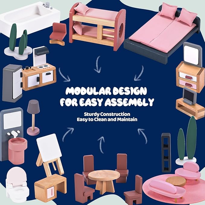 Large Wooden Doll House for Kids Ages 3+, Sturdy Modern Family Dollhouse Kit with Realistic Furniture Design, Educational Wooden Toy House for Toddlers Early Learning & Creative Play