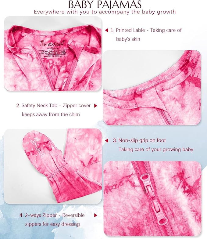 Jimonda Baby Girls Boys Footed Pajamas,Rayon From Bamboo,2 Way Zipper Long Sleeve Soft Sleeper Pjs,Infant Tie-dye Romper