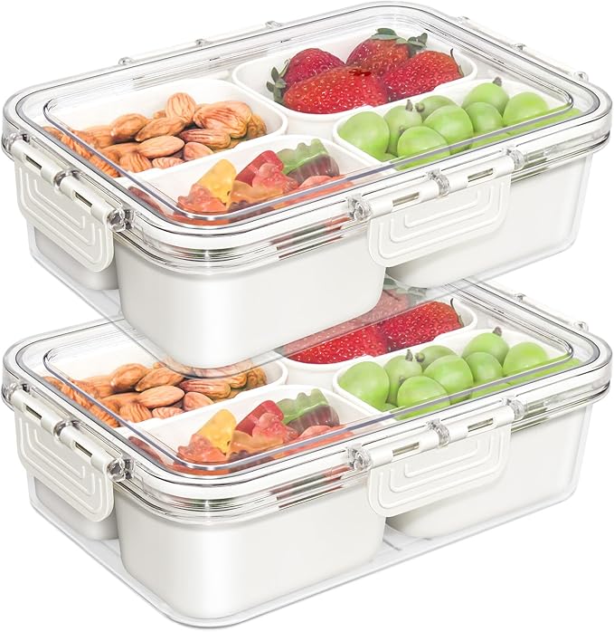Small Snackle Box Container, Divided Serving Tray with Lid, 4 Compartment Snack Box Container for Candy, Fruits, Charcuterie, Travel & Parties, BPA-Free