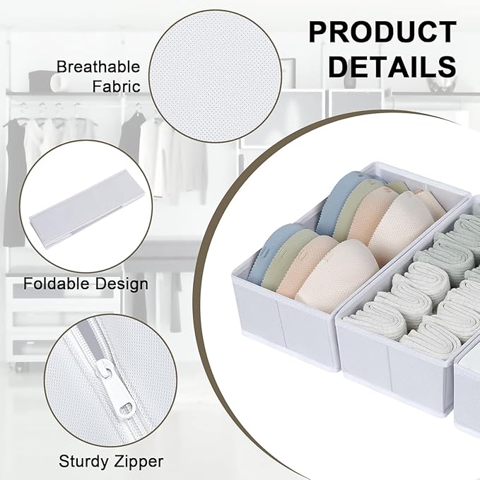 DIMJ Drawer Organizer Clothes, 6 Pack Fabric Drawer Organizer Bins, Foldable Baby Clothes Organizer & Dresser Organizer For Nursery, Clothes, Bedroom, Closet, Socks, Bra, Tie,White