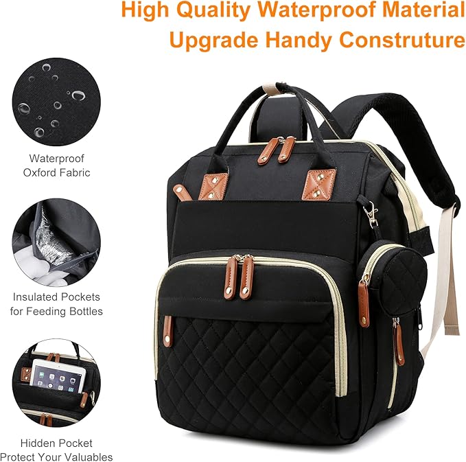 Diaper Bag with Changing Station, Waterproof 3 in 1 Baby Diaper Backpack with Foldable Changing Pad, Large Travel Back Pack for Baby Girl Boy, Baby essentials, Black