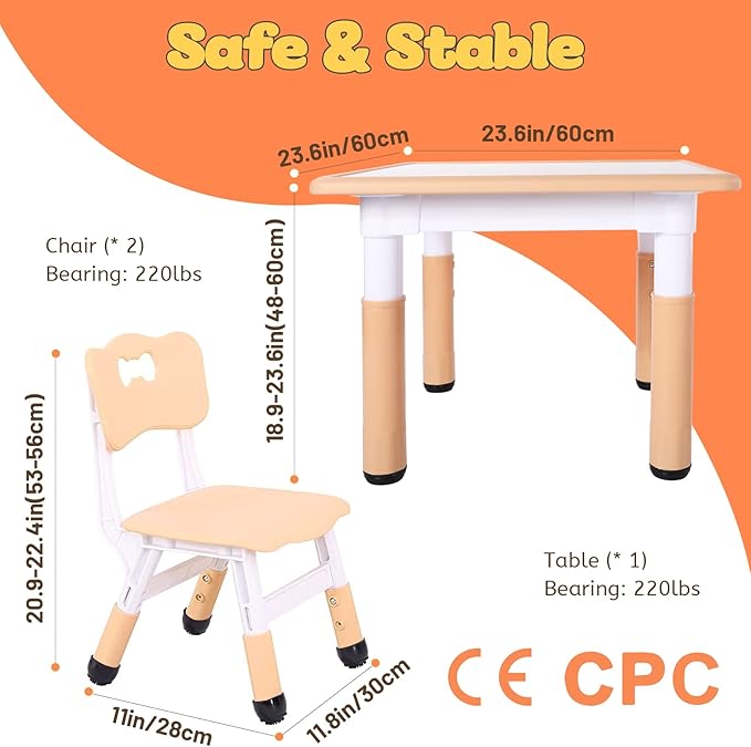 FUNLIO Kids Table and 2 Chairs Set, Height Adjustable Toddler Table and Chair Set for Ages 3-8, Easy to Wipe Arts & Crafts Table, for Classrooms/Daycares/Homes, CPC & CE Approved (3pcs Set) - Natural