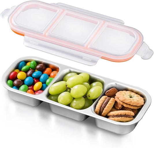 Ugotit Snackle Box Container Stainless Steel - 3 Compartment Leakproof Snack Organizer, Reusable with Airtight Lids for Dips, Sauces, Fruits - Dishwasher Safe Food Storage (20oz, Orange)