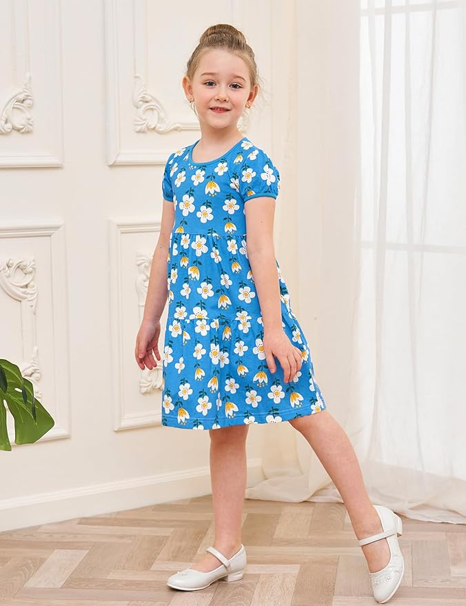 Bumeex Girl's Dresses Cotton Ruffle Sleeve Tiered Swing A-Line Cute Midi Casual Sundress