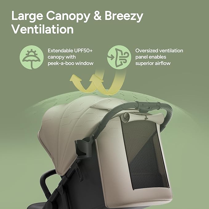 Mompush Nova Baby Stroller for Toddler, Infant & Newborn | Spacious Seat & Lie-Flat Mode | Compact One-Hand Fold, UPF 50+ Canopy & All-Wheel Suspension | Includes Rain Cover & Cup Holder, Khaki