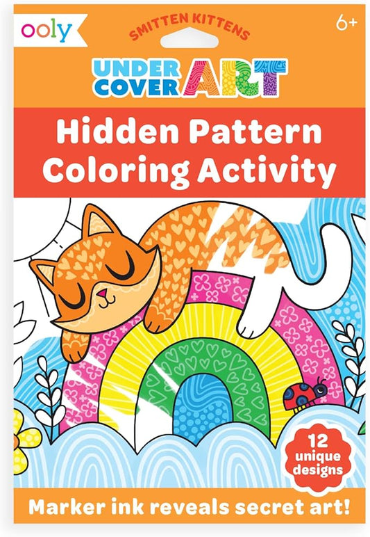 Ooly Undercover Art Hidden Pattern Coloring Activity Art Cards - 12 Unique and Fun Designs, Non-Toxic Coloring Gifts for Kids, Activity Kit for Travel - Smitten Kittens
