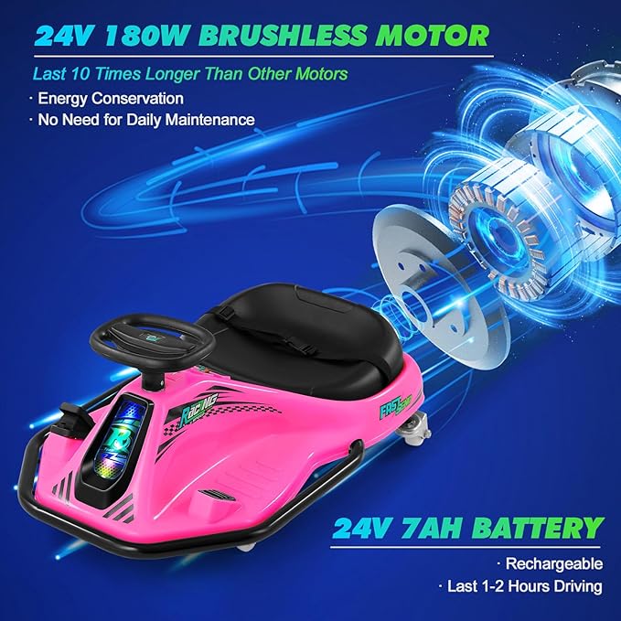 360 Degrees Rotating Ride On Drift Car and 2 Replacement Universal Wheels, 24V Electric Drifting Go Kart for Kids W/Brushless Motor, High/Low Speed, Flashing Lights, Flag, Music, Bluetooth, Pink