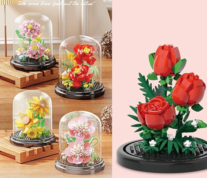 Fantasy Pink Flowers Home Bouquets Dust Cover Set Building Toy Creative Assembly Bonsai Tree, Ideal for Valentine's Anniversaries Birthday