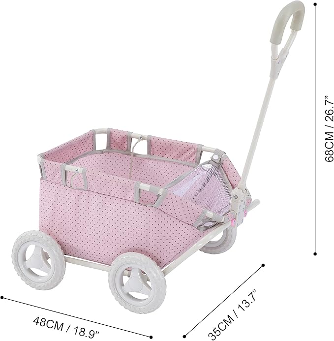 Olivia's Little World - Polka Dots Folding Princess Baby Doll Wagon, Toy Storage Wagon, Doll Furniture, Pink Polka Dots