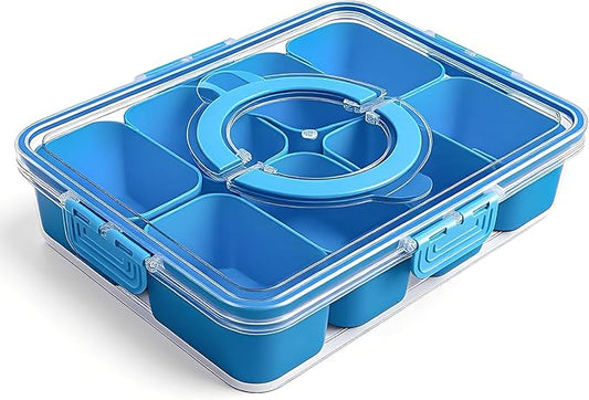 Snackle Box Container, Divided Serving Tray with Lid and Handl 8 Compartments Snacks Box,Candy Snack Fruit and Veggie Tray, Suitable for Picnics Trips Parties and Holidays