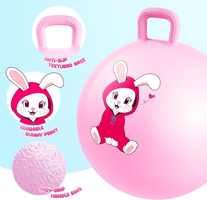 PlayZap Hopper Balls for Kids 3-8, 18 Inches Bouncy Ball with Handle, 18" Inflatable Bouncing Hopper, Pink Rabbit Jumping Toys, Garden Hopping Toys Girls Boys Gifts