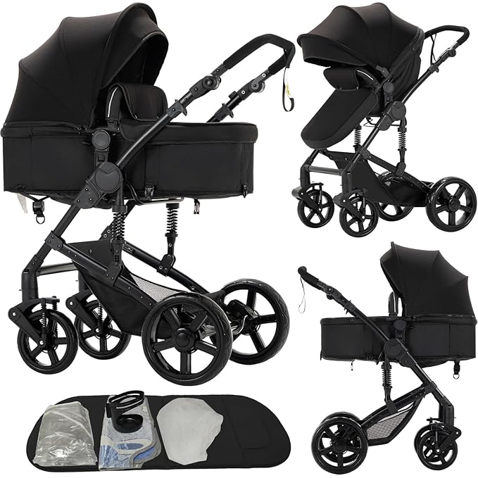 2 in 1 Baby Stroller, Convertible Pram, Reversible Standard Baby Stroller, Portable Baby Buggy, Infant Carriage, Foldable High Landscape Pushchair for Toddler Newborn (2US588-BLACK)