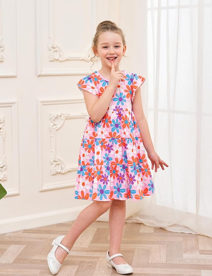 Bumeex Girl's Dresses Cotton Ruffle Sleeve Tiered Swing A-Line Cute Midi Casual Sundress