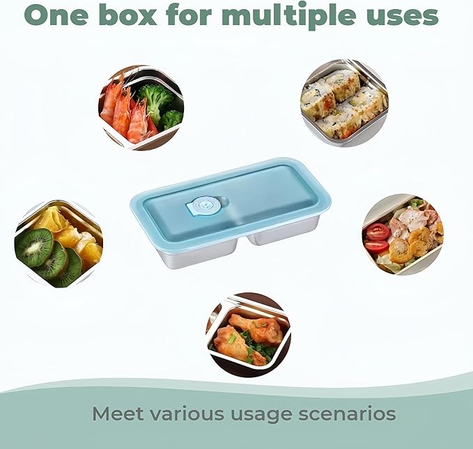 4 Pack Stainless Steel Snack Containers – 2-Compartment Reusable Bento Box, Metal Snack Box with Lids, Leakproof & Portable Food Storage for Travel, Lunch, and Outdoor Use