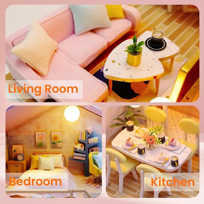 DIY Miniature Dollhouse Kit, AngKng Lovely Tiny House Kit with Furniture and LED Light, Wooden Mini House Making Kit for Adults & Children, Home Decor Creative Gift for Family/Friends-Pink