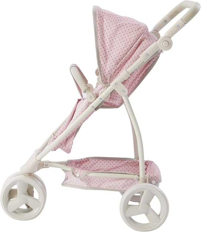Olivia's Little World 2-in-1 Convertible Baby Doll Stroller with Retractable Canopy, All-Terrain Wheels, and Adjustable Handle, Cream and Pink with Gray Polka Dots