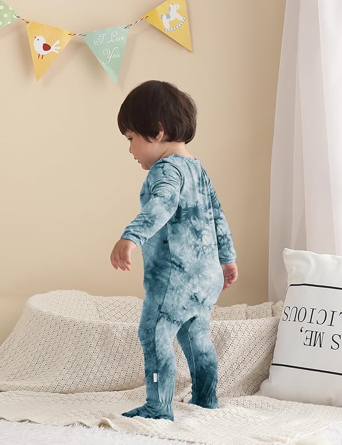 Jimonda Baby Girls Boys Footed Pajamas,Rayon From Bamboo,2 Way Zipper Long Sleeve Soft Sleeper Pjs,Infant Tie-dye Romper