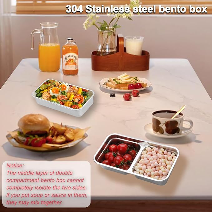 4 PCS 304 Stainless Steel Bento Box, 1pc Single and 3pcs Double compartment Snack Containers, Grab and Go Snack Containers, Food Storage Containers with Blue Lids for Travel and Outdoor Camping