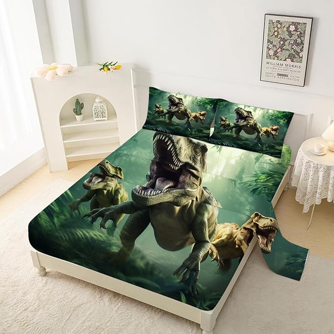 Dinosaurs Bed Sheets Queen for Boys Kids Soft Microfiber Bedding Sheets Set 3D Realistic Dinosaur Green Fitted Sheets Set Breathable Dinosaur Bed Sheet for Kids Room Decor