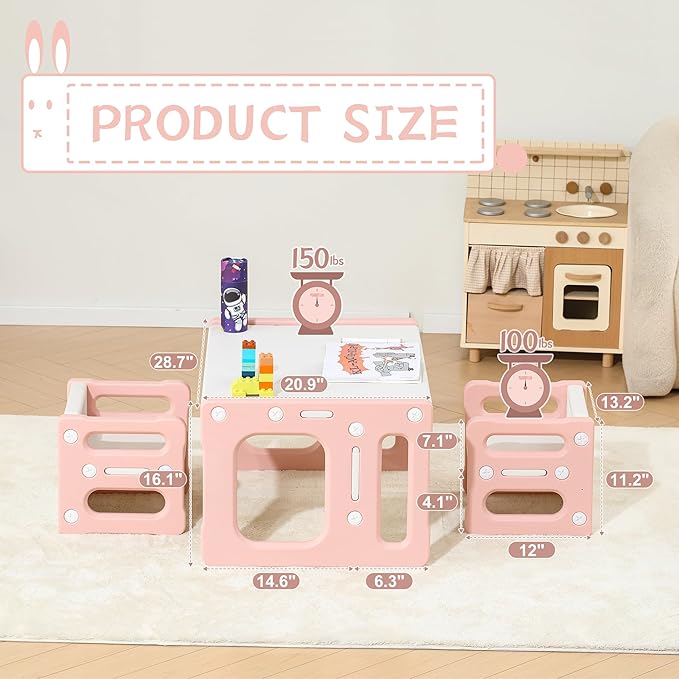 Montessori Table and Chair Set, Kids Table and Chairs, Height-Adjustable Toddler Table and Chair Set, Table Chair for Ages 3-8, Childrens Table for Daycare, Classroom