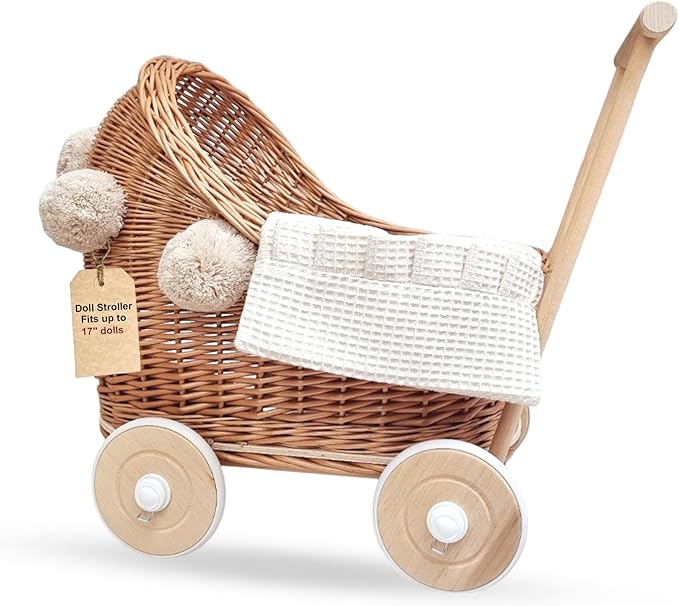 Artisanal Handwoven Rattan Doll Stroller & Pram - European Made for 17 inch Baby Dolls | Includes Mattress, Pillow & Blanket | Perfect for Imaginative Play, Role Play & Room Décor