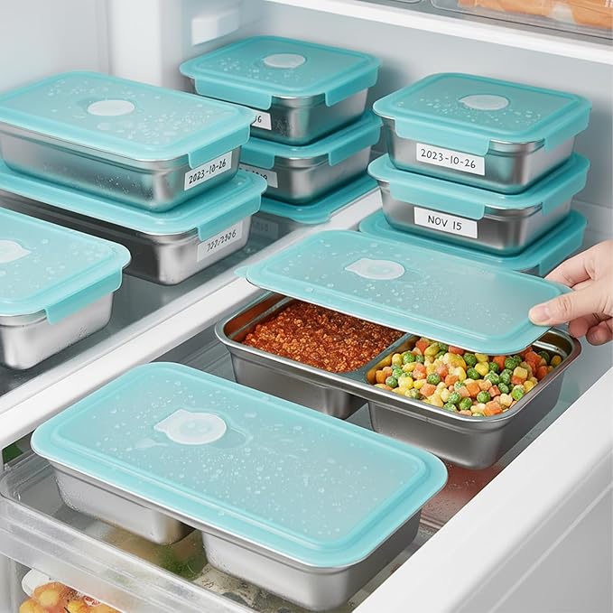 Antenat Reusable Stainless Steel Snack Containers with Lids (2PCS) –Double Compartment, Leak-Proof Food Containers with 1 Forks, Portable for Travel, Camping, Office Lunch, Takeout, Picnic & Dessert