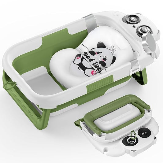 Collapsible Baby Bathtub for Newborn, Baby Bath Tub with Thermometer & Soft Floating Cushion & Drain Hole for Infant to Toddler, Portable Travel Bathtub with No-Slip Feet for 0-36 Months-Green