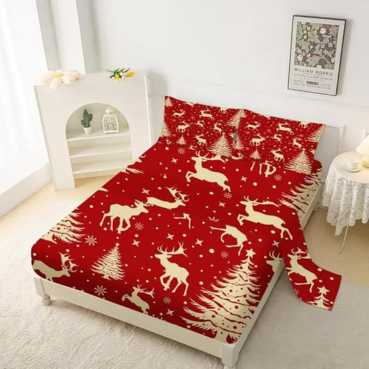 Red Kids Christmas Elk Sheets Set Full Cute Reindeer Christmas Sheets for Kids Adults Microfiber Christmas New Year Decoration Bedding Set Teens Girls Women Bedroom Bed Bedspread