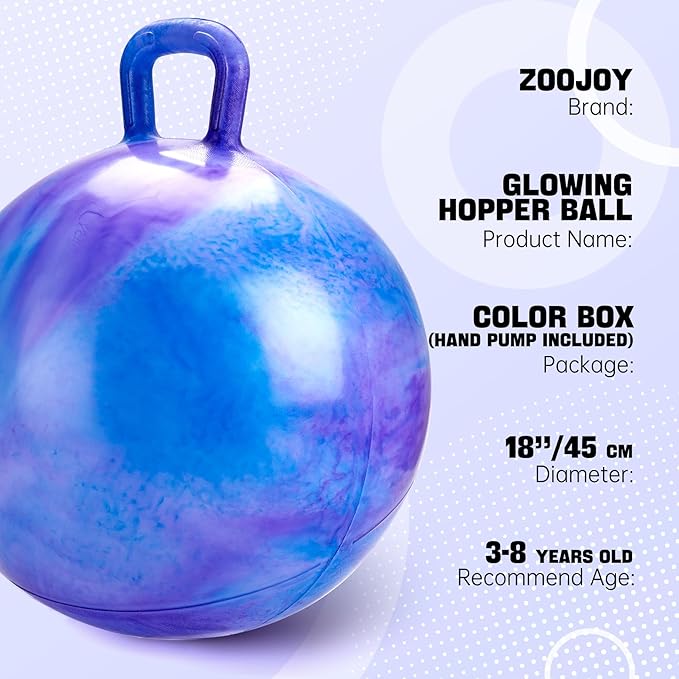 ZOOJOY Glow-in-The-Dark Light Up Hopper Ball for Kids, 18 Inch Bouncy Ball with Handle, Inflatable Night Glow Jumping Toy for Boys and Girls Aged 3-8, Indoor & Outdoor Play, Includes Pump