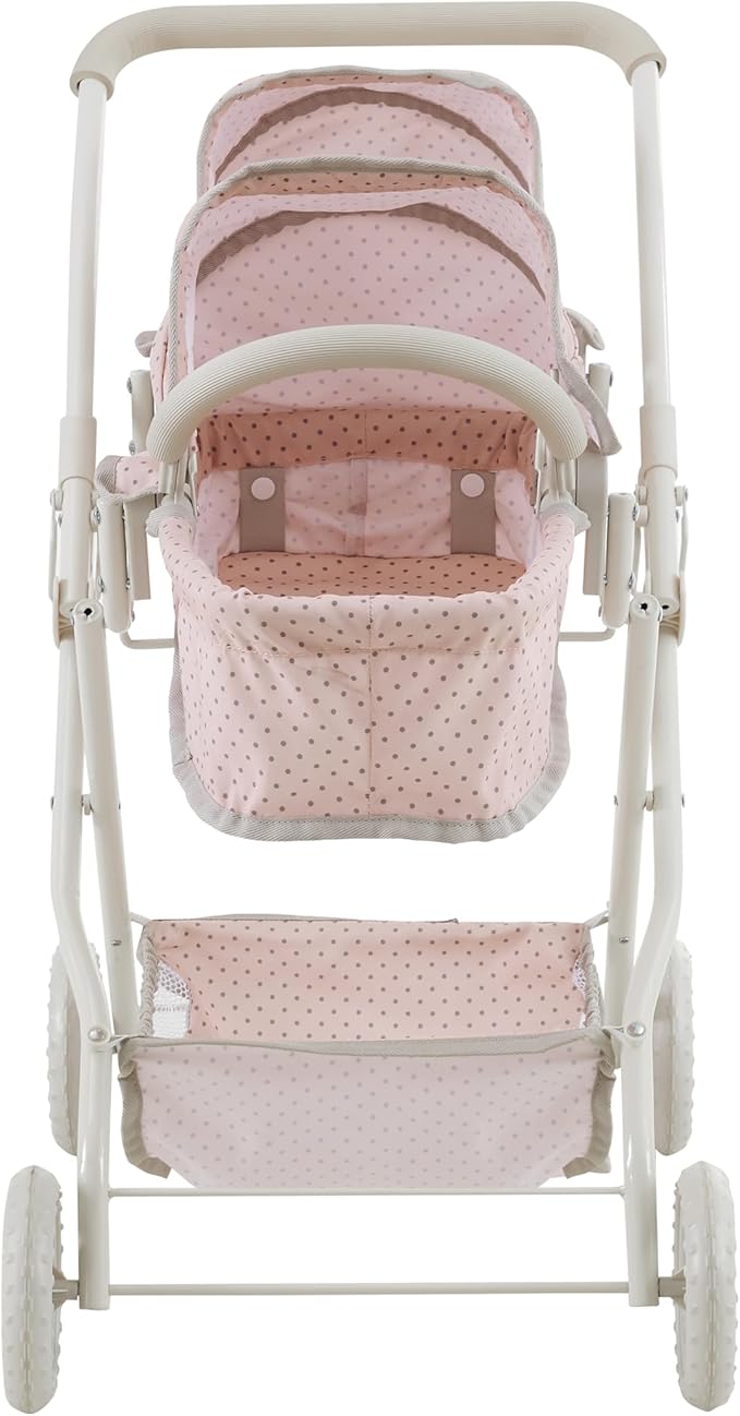 Olivia's Little World Twin Baby Doll Stroller, Double Bassinet Stroller Kids Baby Strollers for Dolls with Retractable Canopy & Storage for Kids Ages 3+, Pink/Gray
