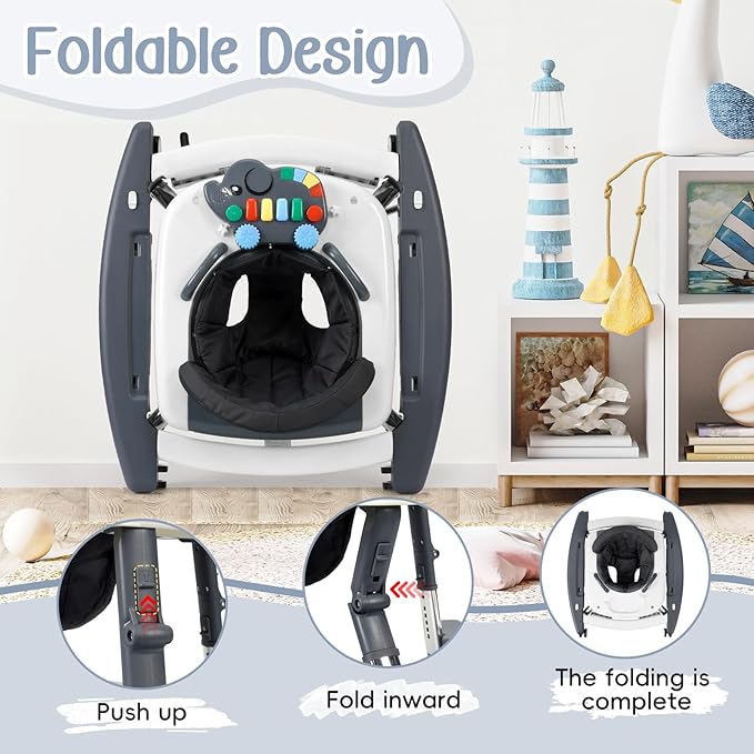 5-in-1 Music and Lights Baby Walker Foldable with 5 Adjustable Heights, Baby Walker with Wheels and Bouncer Combo Portable, Infant Toddler Walker for Baby Boy Girls 6-18 Months