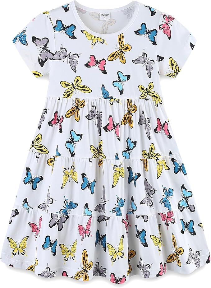 Bumeex Girl's Dresses Cotton Ruffle Sleeve Tiered Swing A-Line Cute Midi Casual Sundress