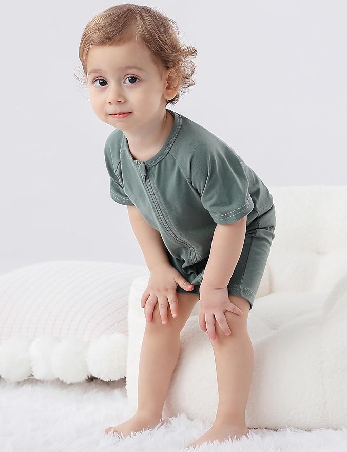 JunNeng 2 Pack Footless Long/Short Sleeve Baby Romper with Zipper Cotton Infant Sleepwear