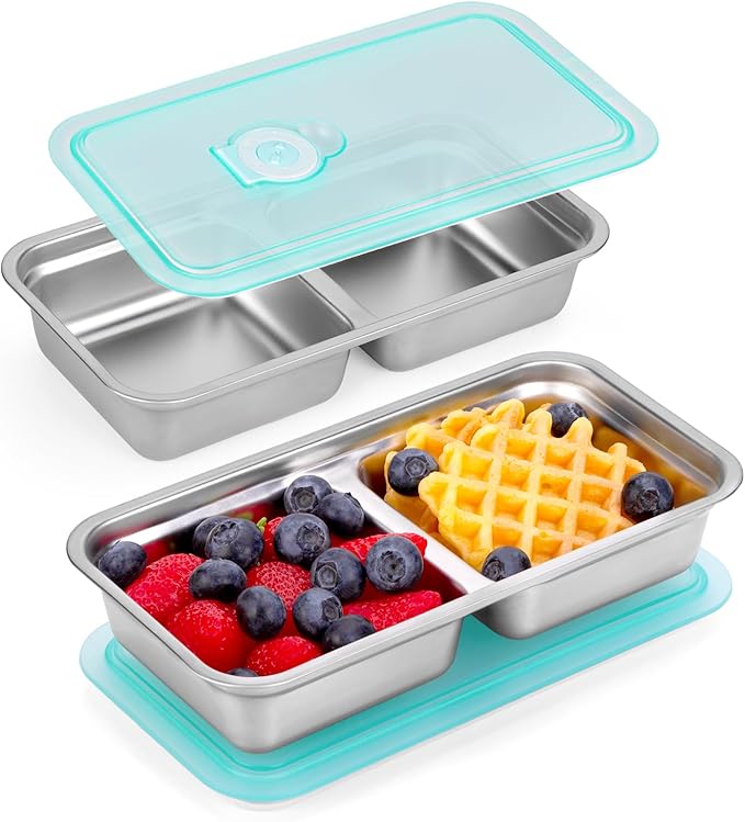 Reusable Snack Containers with Lids, Stainless Steel Snack Containers, Double Compartment Condiment Bowls, Meal Prep Lunch Box, Takeout, Travel and Camping Food Storage (2PCS)