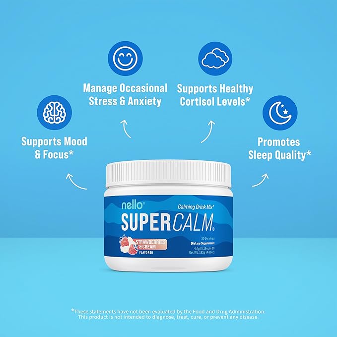Nello Supercalm Powdered Drink Mix, Strawberries & Cream, L Theanine, Ksm-66 Ashwagandha, Magnesium Glycinate, Vitamin D 3, Supplements for Relaxation & Focus, Natural, No Sugar, Non GMO, 30 Srvgs