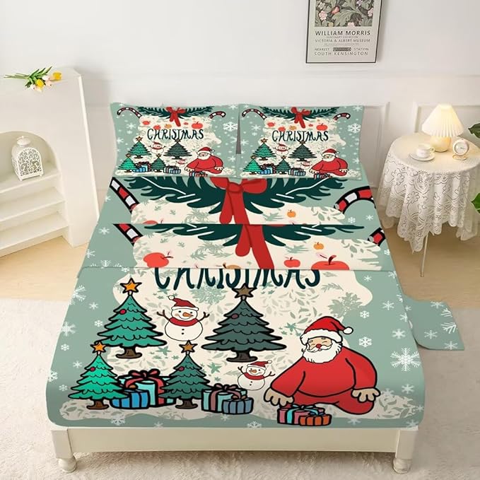 Green Christmas Fitted Sheet Set King Soft Bed Sheets Cartoon Christmas Pattern for Girls Kids Christmas Decoration Soft Christmas Bedding Set with 1 Flat Sheet +1 Fitted Sheet + 2 Pillowcases