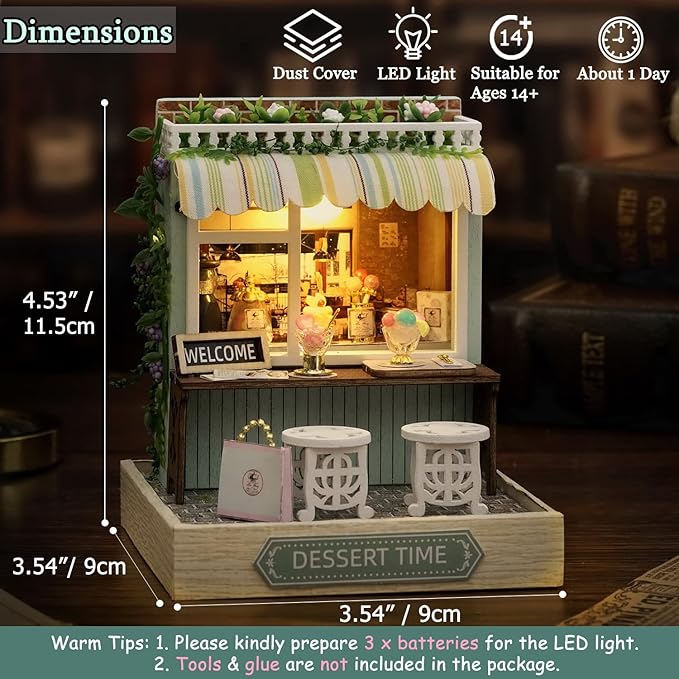 TuKIIE DIY Miniature Dollhouse Kit with Furniture, 1:24 Scale Creative Room Mini Wooden Doll House Plus Dust Proof for Kids Teens Adults(Dessert Time)