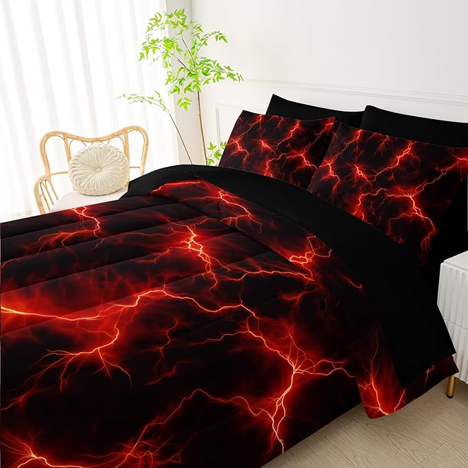 QOOMO Red Lighting 7 Pieces Comforter Set Twin Size,Starry Sky Bedding Set for Kids Teens Boys-Include 1 Comforter,1 Fitted Sheet,1 Flat Sheet,2 Printing Pillowcases and 2 Black Pillowcases