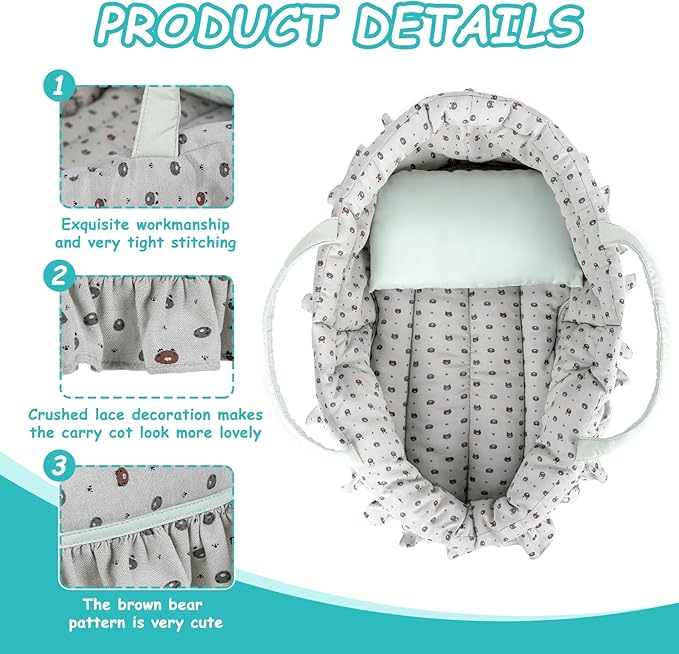 Doll Carry Cot Set, Sweet Dreams Soft Bassinet Doll Carrier Includes 1 Cot and 1 Pillow, Grayish Green Bear Doll Bassinet, Fits for 18 Inch American Girl Dolls