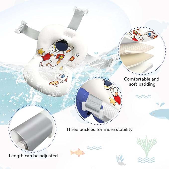 Collapsible Baby Bathtub for Newborn to Toddler (0-24 Months), Portable Baby Bath Tub for Travel, Newborn Bathtub with Soft and Supportive Cushion (Astronaut-Blue)