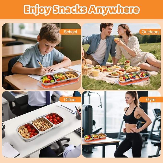 Stainless Steel Snack Containers with Lids, Reusable Condiment Storage Box, Divided Food Storage for School, Home, Travel, Multiple Compartment Leak-Proof Box (‎3 Compartment)