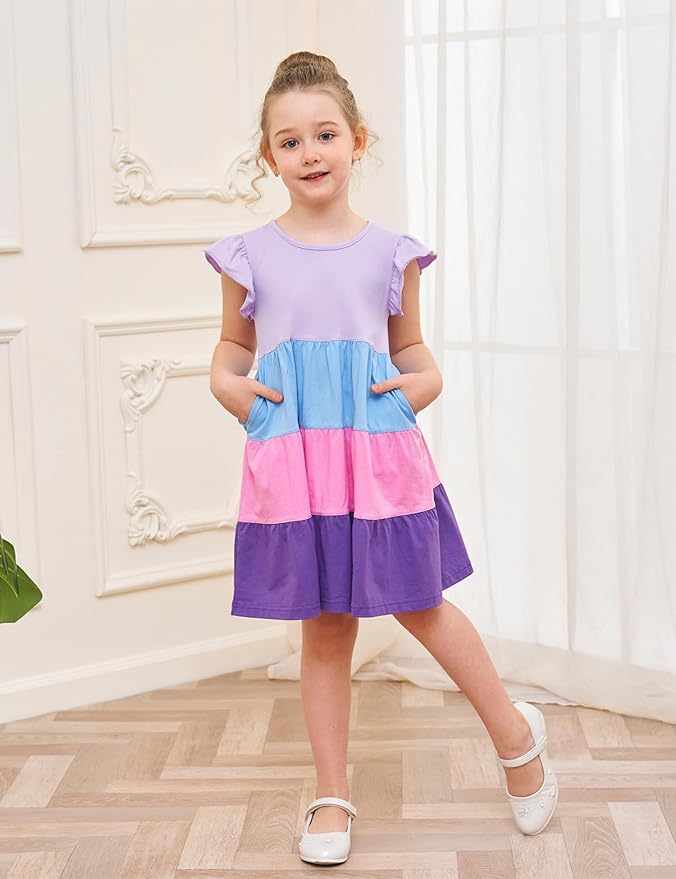 Bumeex Girl's Dresses Cotton Ruffle Sleeve Tiered Swing A-Line Cute Midi Casual Sundress