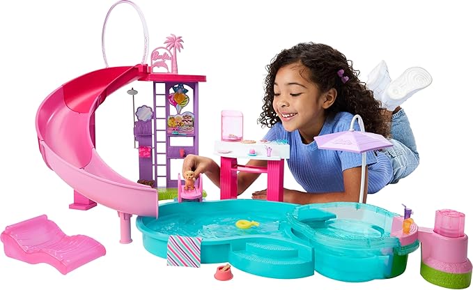 Barbie Dream Pool Playset with 6 Play Areas, Including Slide & Bubbling Hot Tub, Plus 20+ Accessories Like Pet, Floaties & More