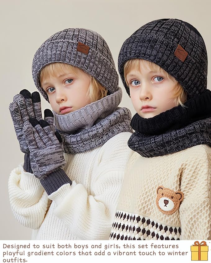 Kids Winter Hat Gloves Scarf Set，Mixed-color Beanie hat Knit Neck Fleece Lining Touchscreen Gloves for Girls Boys 4-10Y
