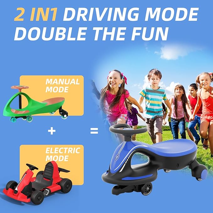 XJD Electric Wiggle Car Ride On Toy, 2 in 1 Wiggle Car Rechargeable Battery with Anti-Rollover Colorful Light-Emitting Wheel for Toddler Ride On Toys 3 Years and Up (Blue)