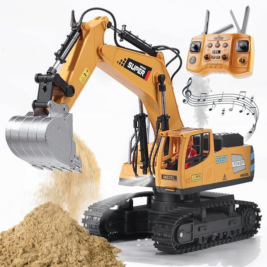 Remote Control Excavator Toys for Boys,16 Channel RC Excavator Construction Toys with Metal Shovel & Light,Simulated Smoke,Christmas Birthday Gift Toy for Boys 3-5 4-7 8-12 Year Old Kids
