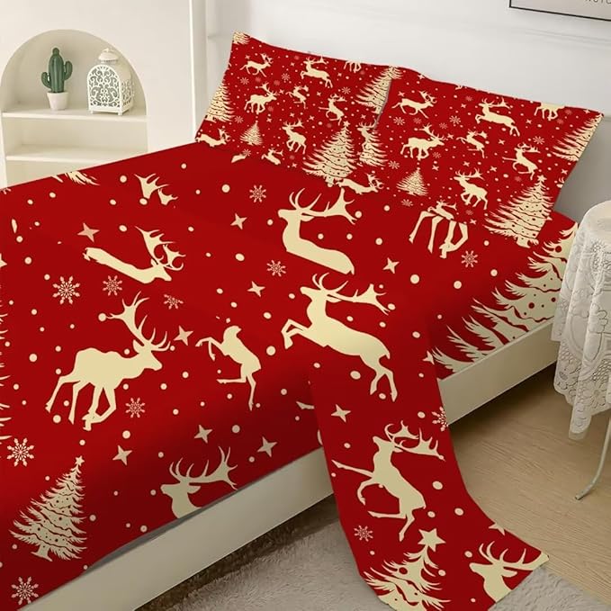 Red Christmas Elk Sheets Set Queen Size Cute Reindeer Christmas Bedding Set for Adults Kids Room Christmas Winter Microfiber Bed Sheets with 1 Flat Sheet +1 Fitted Sheet + 2 Pillowcases
